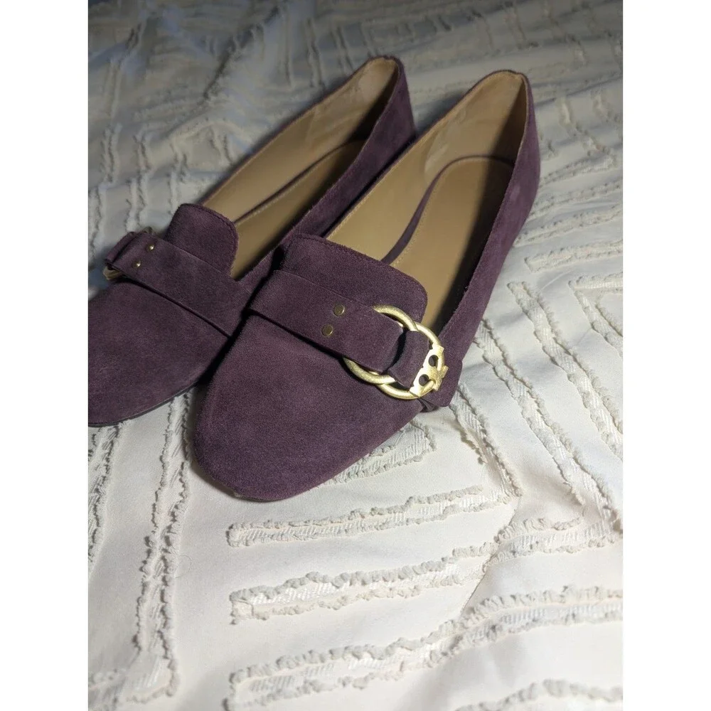 Tory Burch Plum Purple Suede Loafers Gold Buckle Flats Size 10